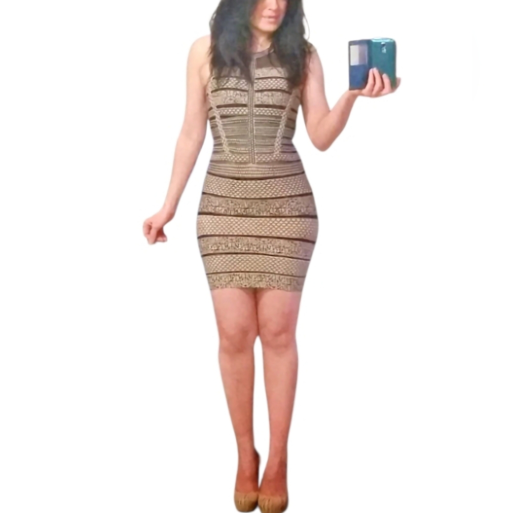 Elegant Black and Beige Patterned Mini Dress-Size Small